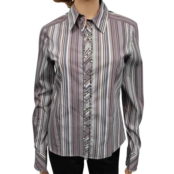 Elie Tahari Blouse Ruffled Front Cuffs S Button down Purple Multicolor Striped - Picture 5 of 12